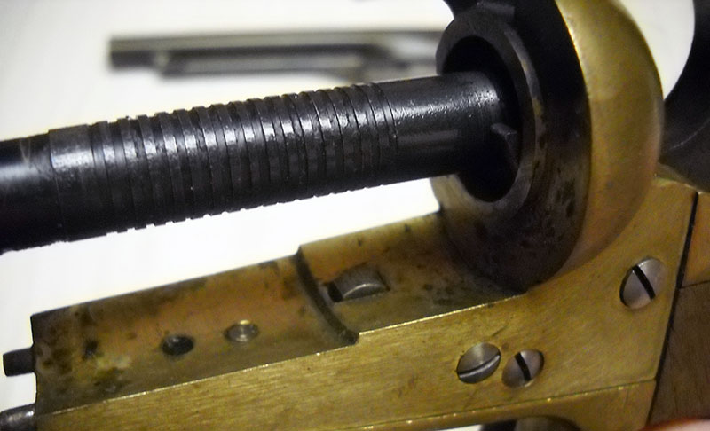 detail, Colt 1851 cylinder lock at full cock